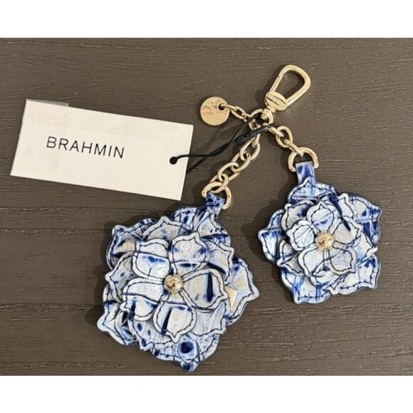 NWT $125 BRAHMIN FLOWER DUO COASTAL BLUE Leather Charm Key Fob - Picture 3 of 7